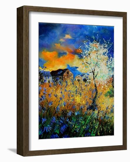 Blue wild flowers and blooming tree-Pol Ledent-Framed Art Print