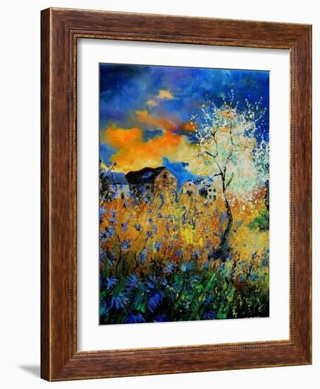 Blue wild flowers and blooming tree-Pol Ledent-Framed Art Print