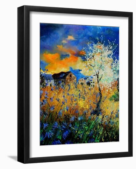 Blue wild flowers and blooming tree-Pol Ledent-Framed Art Print