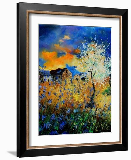 Blue wild flowers and blooming tree-Pol Ledent-Framed Art Print