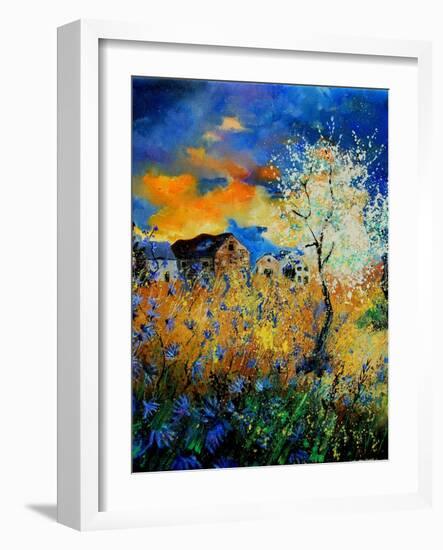 Blue wild flowers and blooming tree-Pol Ledent-Framed Art Print