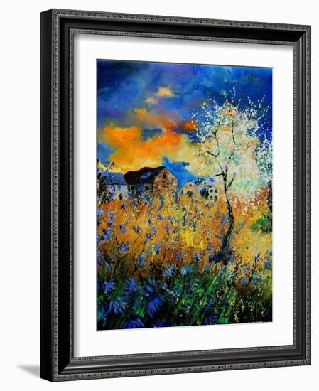 Blue wild flowers and blooming tree-Pol Ledent-Framed Art Print