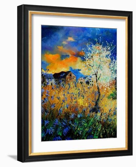 Blue wild flowers and blooming tree-Pol Ledent-Framed Art Print