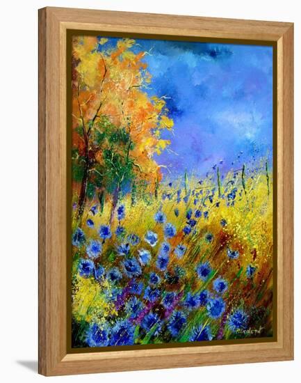 Blue wild flowers with an orange tree-Pol Ledent-Framed Stretched Canvas