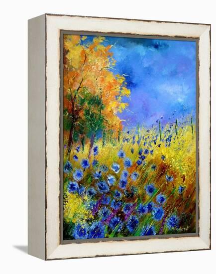 Blue wild flowers with an orange tree-Pol Ledent-Framed Stretched Canvas