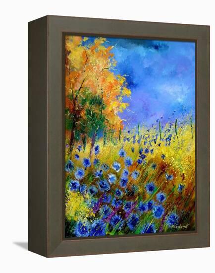 Blue wild flowers with an orange tree-Pol Ledent-Framed Stretched Canvas