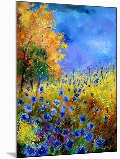 Blue wild flowers with an orange tree-Pol Ledent-Mounted Premium Giclee Print