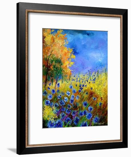 Blue wild flowers with an orange tree-Pol Ledent-Framed Art Print