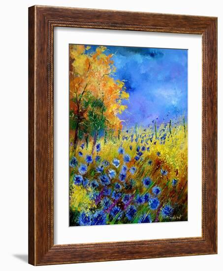 Blue wild flowers with an orange tree-Pol Ledent-Framed Art Print