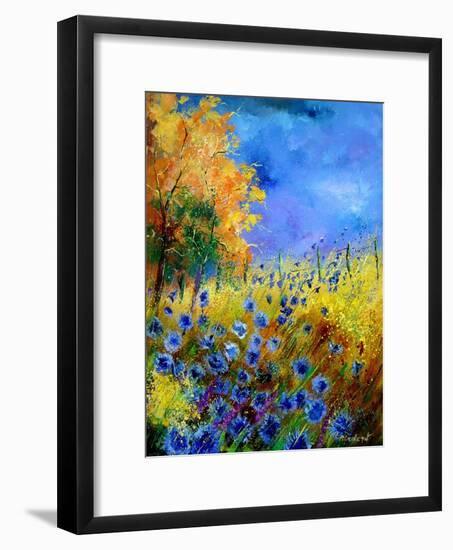 Blue wild flowers with an orange tree-Pol Ledent-Framed Art Print
