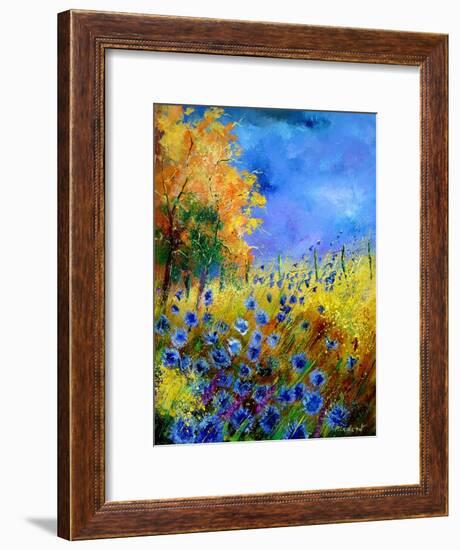 Blue wild flowers with an orange tree-Pol Ledent-Framed Art Print