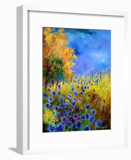 Blue wild flowers with an orange tree-Pol Ledent-Framed Art Print