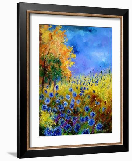 Blue wild flowers with an orange tree-Pol Ledent-Framed Art Print