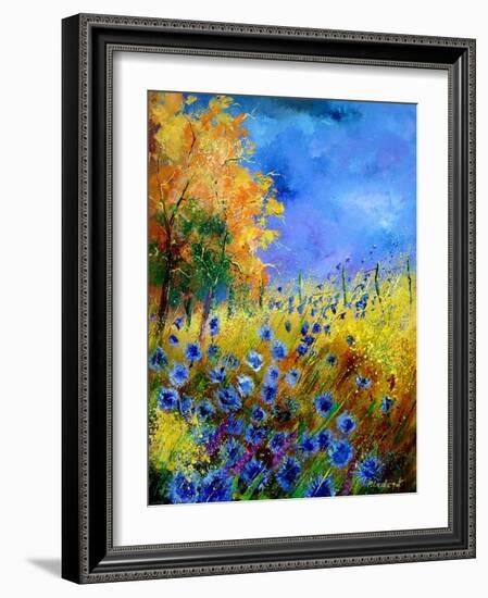 Blue wild flowers with an orange tree-Pol Ledent-Framed Art Print