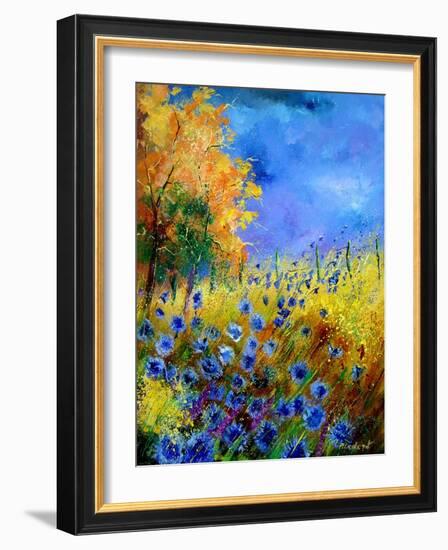 Blue wild flowers with an orange tree-Pol Ledent-Framed Art Print