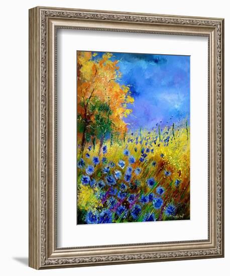 Blue wild flowers with an orange tree-Pol Ledent-Framed Art Print