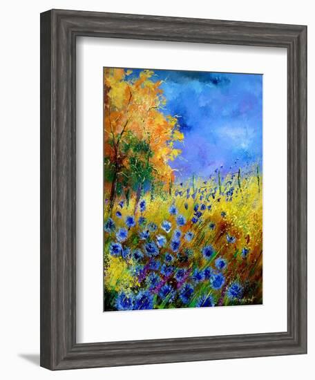 Blue wild flowers with an orange tree-Pol Ledent-Framed Art Print