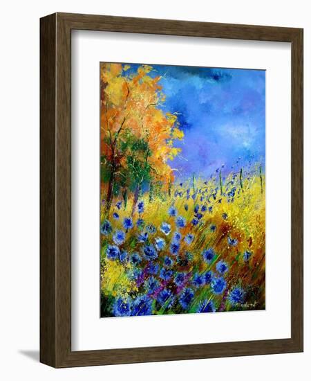 Blue wild flowers with an orange tree-Pol Ledent-Framed Art Print