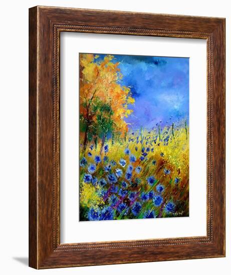 Blue wild flowers with an orange tree-Pol Ledent-Framed Art Print