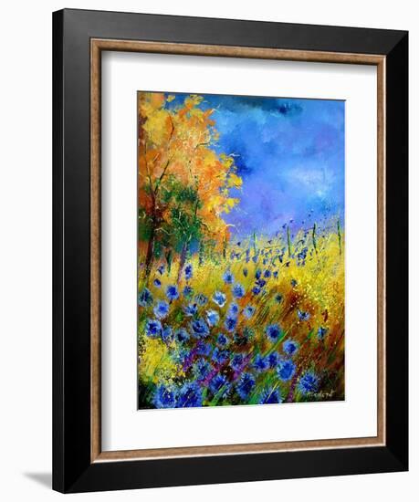 Blue wild flowers with an orange tree-Pol Ledent-Framed Art Print