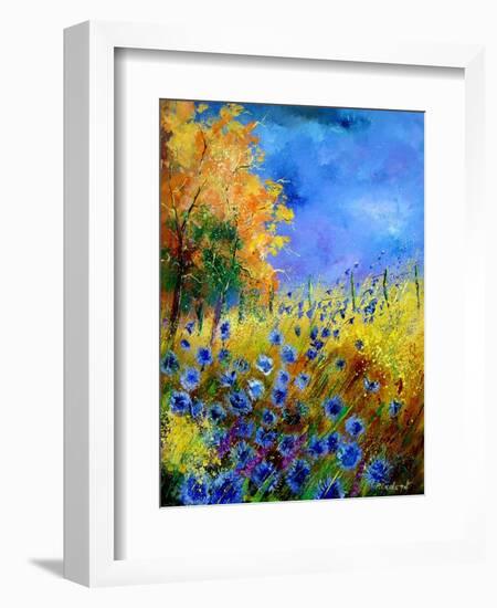 Blue wild flowers with an orange tree-Pol Ledent-Framed Art Print