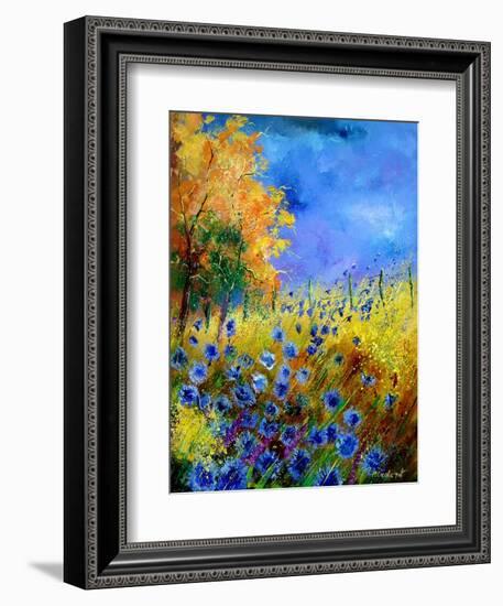 Blue wild flowers with an orange tree-Pol Ledent-Framed Art Print