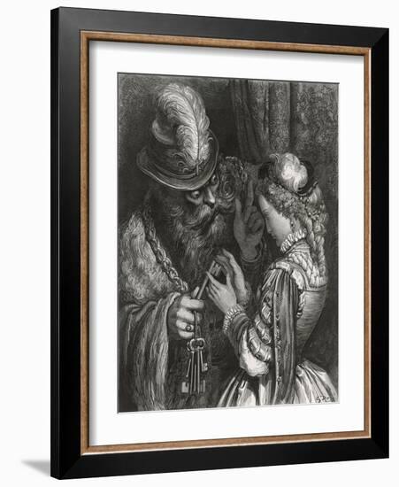 Bluebeard Warns Her About the Key to the Room She is Forbidden to Enter-Gustave Dor?-Framed Photographic Print