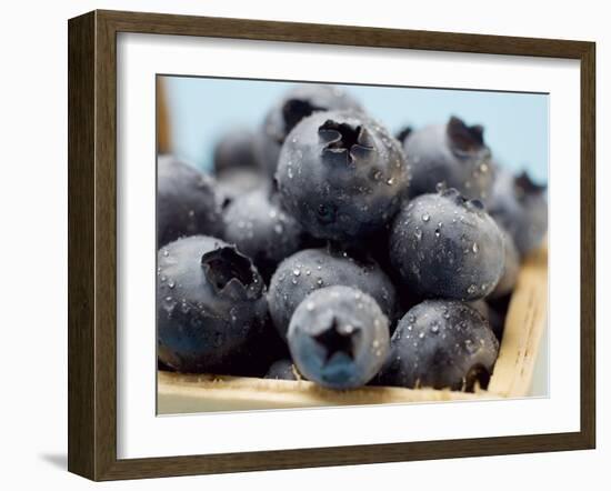 Blueberries with Drops of Water in Woodchip Basket-null-Framed Photographic Print