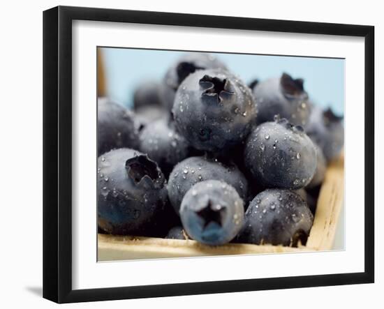 Blueberries with Drops of Water in Woodchip Basket-null-Framed Photographic Print