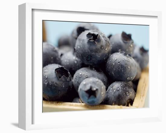 Blueberries with Drops of Water in Woodchip Basket-null-Framed Photographic Print