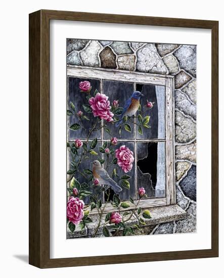 Bluebirds in Window-Jeff Tift-Framed Giclee Print