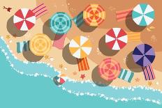 Summer Beach in Flat Design, Aerial View, Sea Side and Umbrellas, Vector Illustration-BlueLela-Art Print