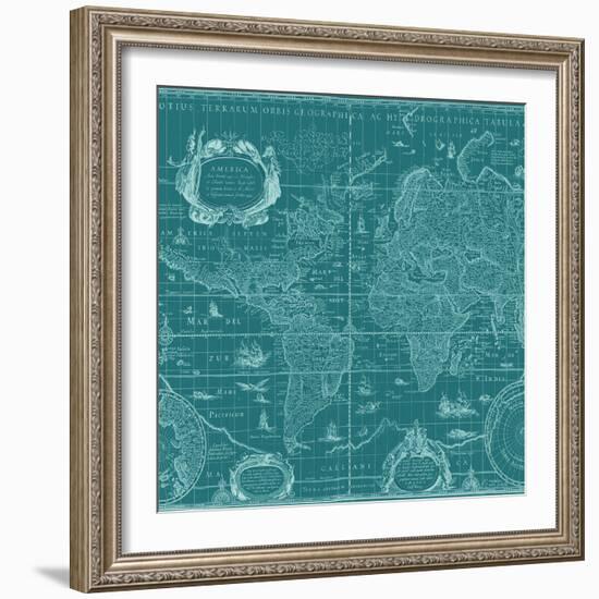 Blueprint World Map, Teal-Willem Blaeu-Framed Art Print