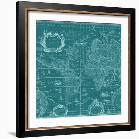 Blueprint World Map, Teal-Willem Blaeu-Framed Art Print