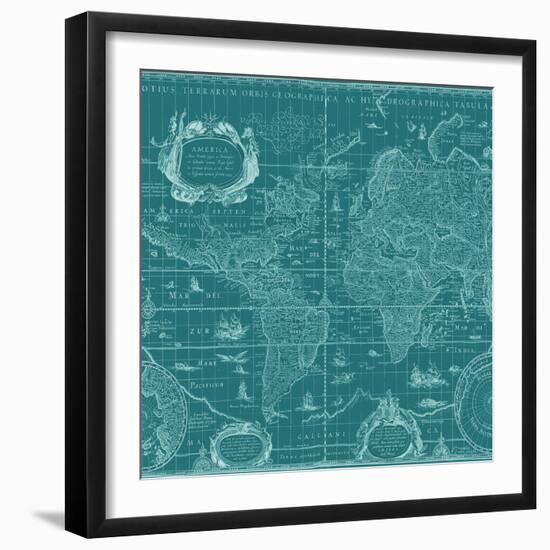 Blueprint World Map, Teal-Willem Blaeu-Framed Art Print