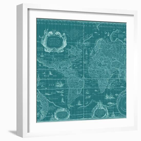 Blueprint World Map, Teal-Willem Blaeu-Framed Art Print