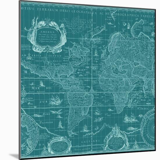 Blueprint World Map, Teal-Willem Blaeu-Mounted Art Print