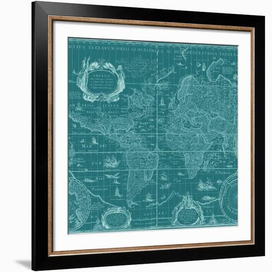 Blueprint World Map, Teal-Willem Blaeu-Framed Art Print