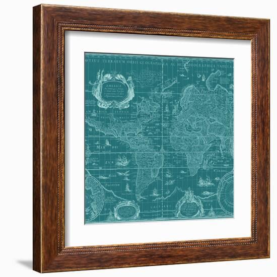 Blueprint World Map, Teal-Willem Blaeu-Framed Art Print