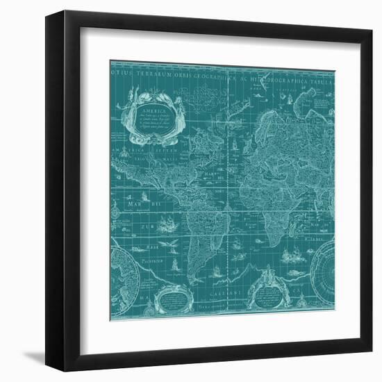 Blueprint World Map, Teal-Willem Blaeu-Framed Art Print