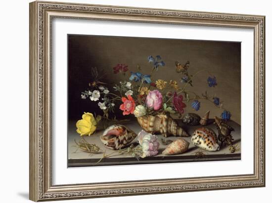 Blumen, Muscheln und Insekten auf einem Steingesims-Balthasar van der Ast-Framed Giclee Print