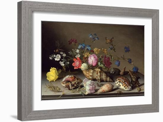 Blumen, Muscheln und Insekten auf einem Steingesims-Balthasar van der Ast-Framed Giclee Print