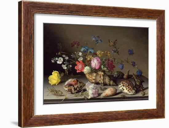 Blumen, Muscheln und Insekten auf einem Steingesims-Balthasar van der Ast-Framed Giclee Print