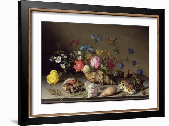 Blumen, Muscheln und Insekten auf einem Steingesims-Balthasar van der Ast-Framed Giclee Print