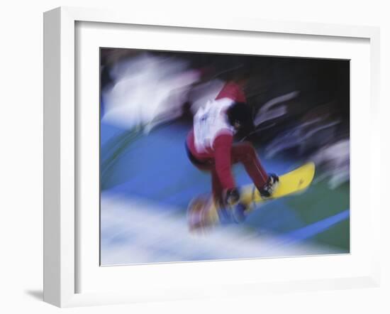 Blurred Action of Snowboarder, Nagano, JPN-null-Framed Photographic Print