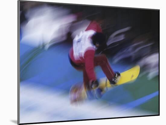 Blurred Action of Snowboarder, Nagano, JPN-null-Mounted Photographic Print