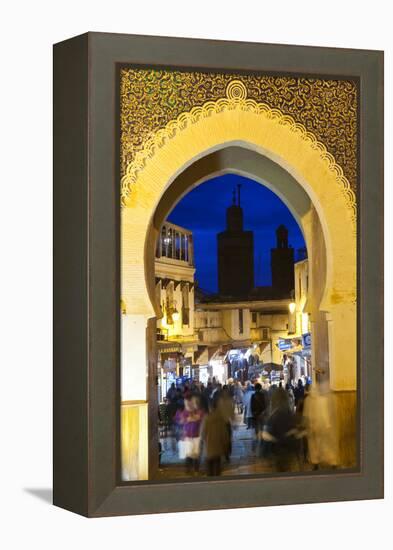 Blurred People Passing Through the Blue Gate, Fez, Morocco-Peter Adams-Framed Premier Image Canvas