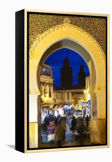 Blurred People Passing Through the Blue Gate, Fez, Morocco-Peter Adams-Framed Premier Image Canvas