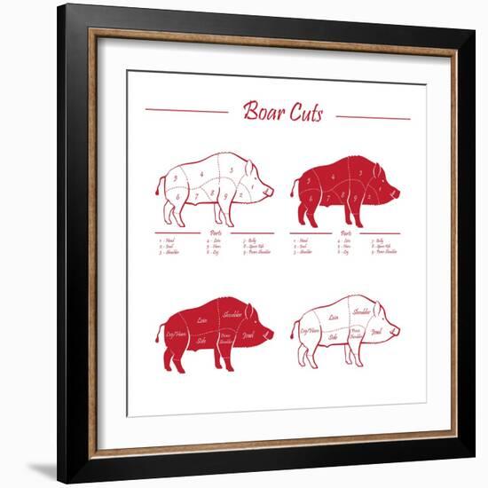 Boar Meat Cut Diagram - Elements Red on White-ONiONAstudio-Framed Premium Giclee Print