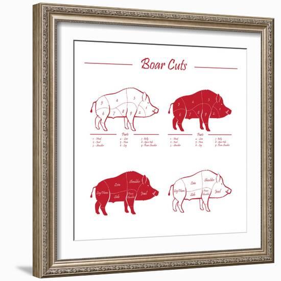 Boar Meat Cut Diagram - Elements Red on White-ONiONAstudio-Framed Art Print